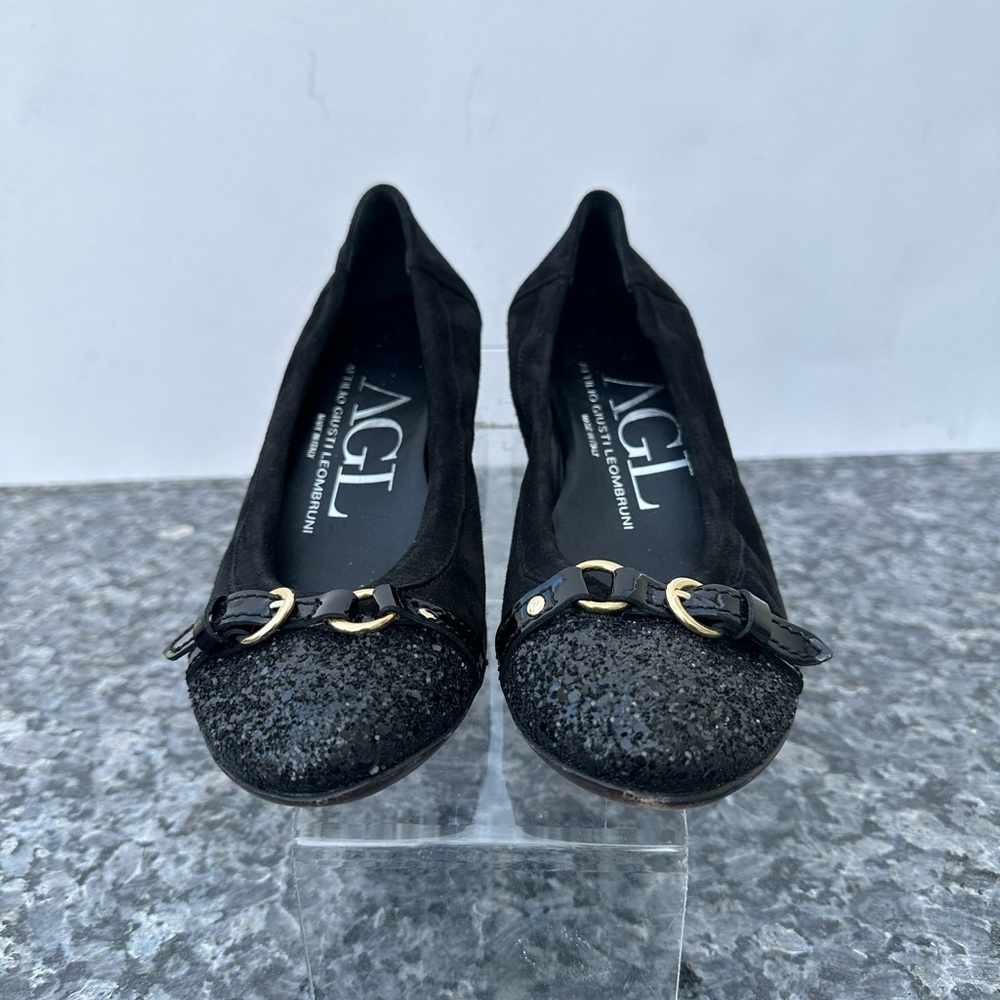 AGL flats glitter cap toe ballet flat shoes buckle det black suede shoes SZ 36.5
